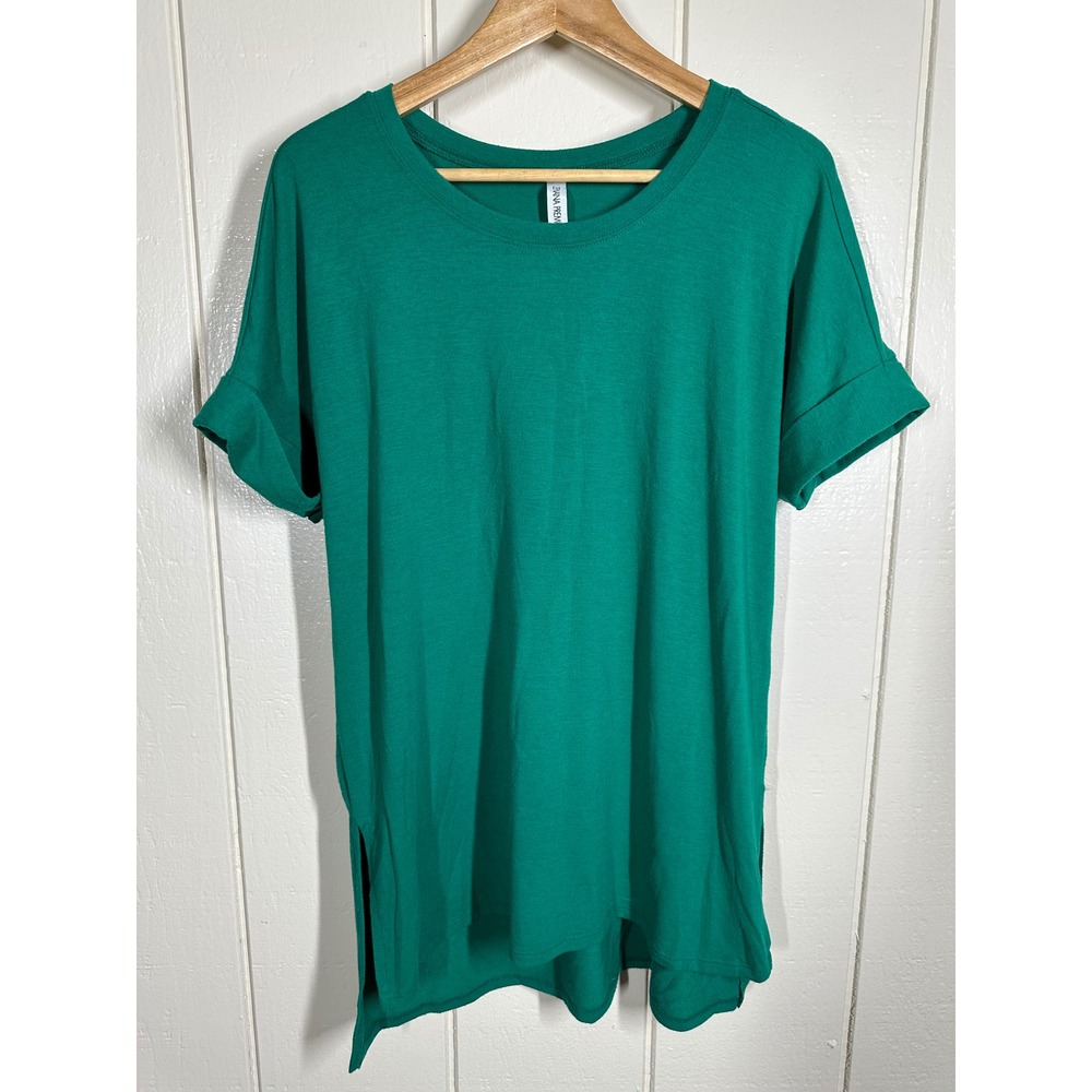 Zenana Premium T-Shirt Women S Green Crew Neck Cuffed Sleeve High Low Side Slit